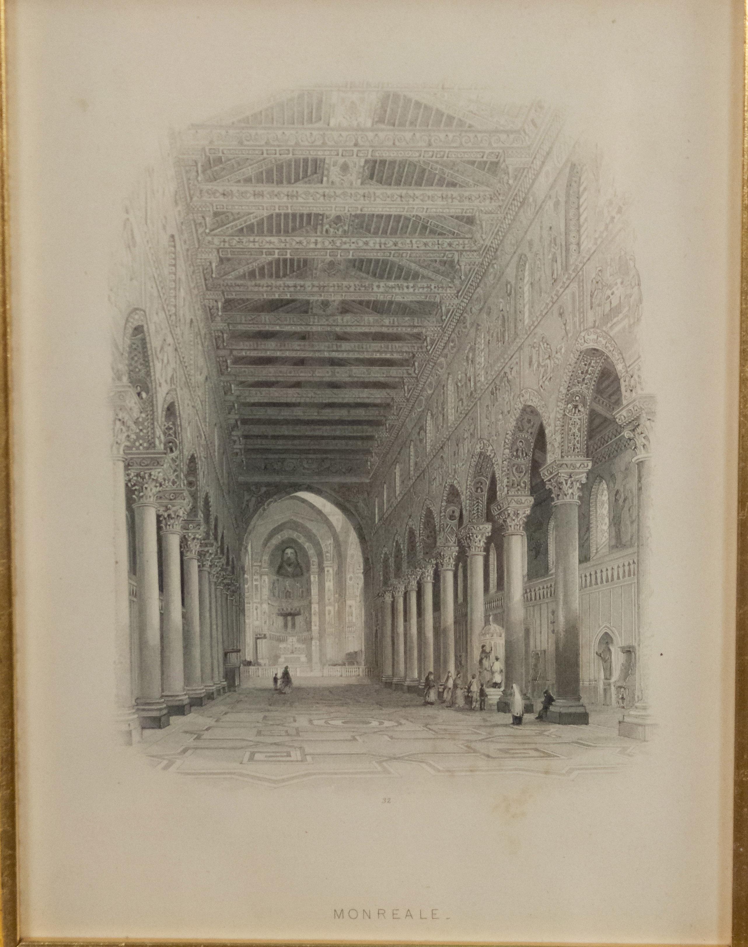 English Victorian steel plate engraving of an interior cathedral (19th-Century) in a black and gold decorative frame. Written on back of frame: (1856 // England).
      