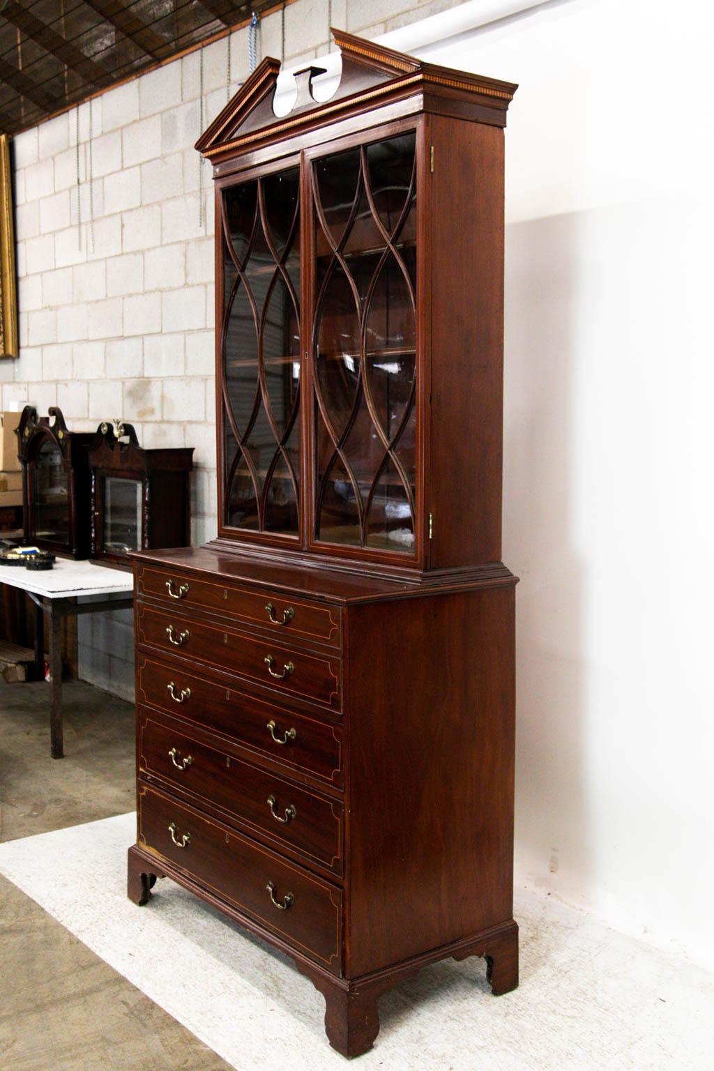 English Stepback Inlaid Bookcase For Sale 3