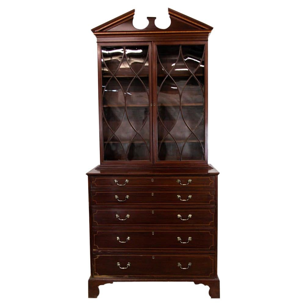 English Stepback Inlaid Bookcase For Sale