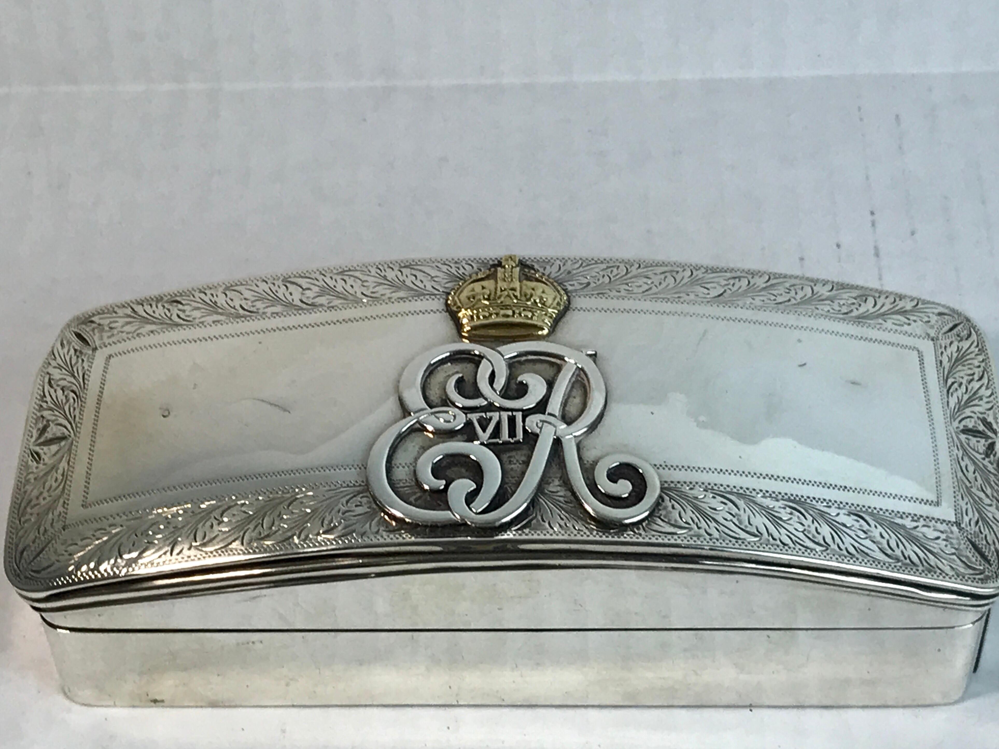 English sterling and gold smoking box with cypher of King Edward VII, a posthumous box made in Birmingham, 1920, by B.H. Joseph & Co, possibly a Royal memorial/ remembrance presentation.

    