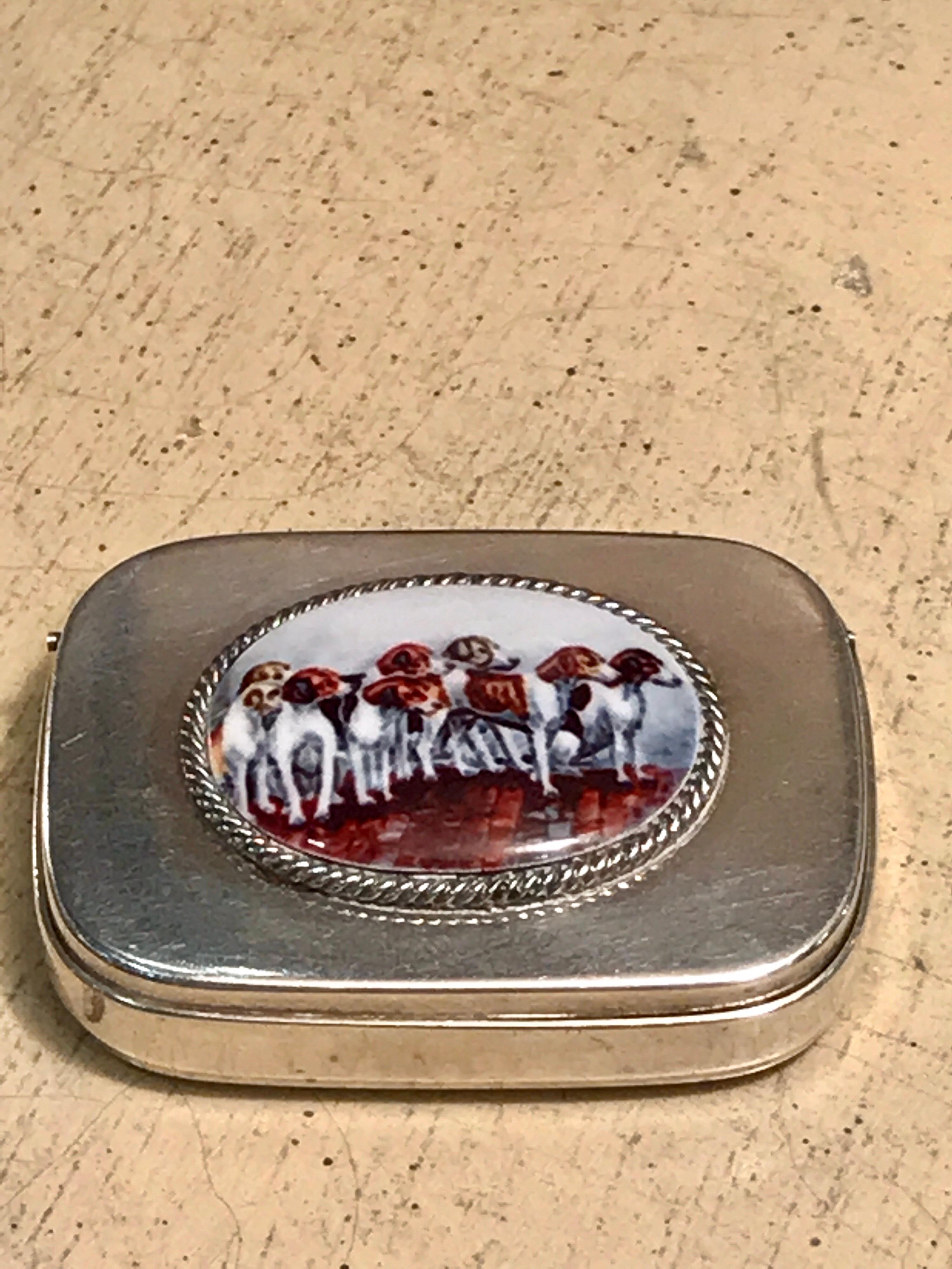 High Victorian English Sterling Matchsafe with Enameled Fox Hounds, London, 1881
