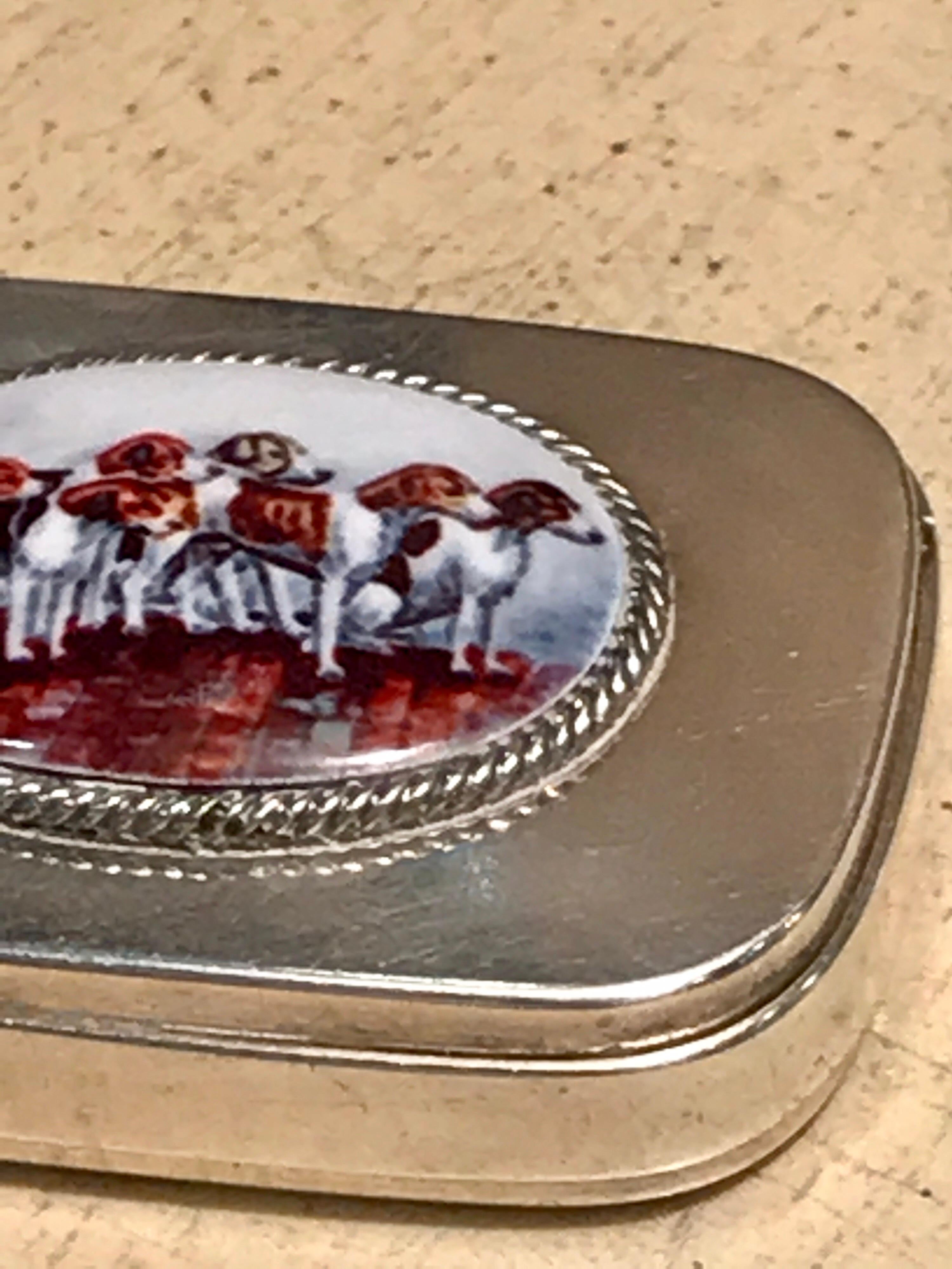 19th Century English Sterling Matchsafe with Enameled Fox Hounds, London, 1881