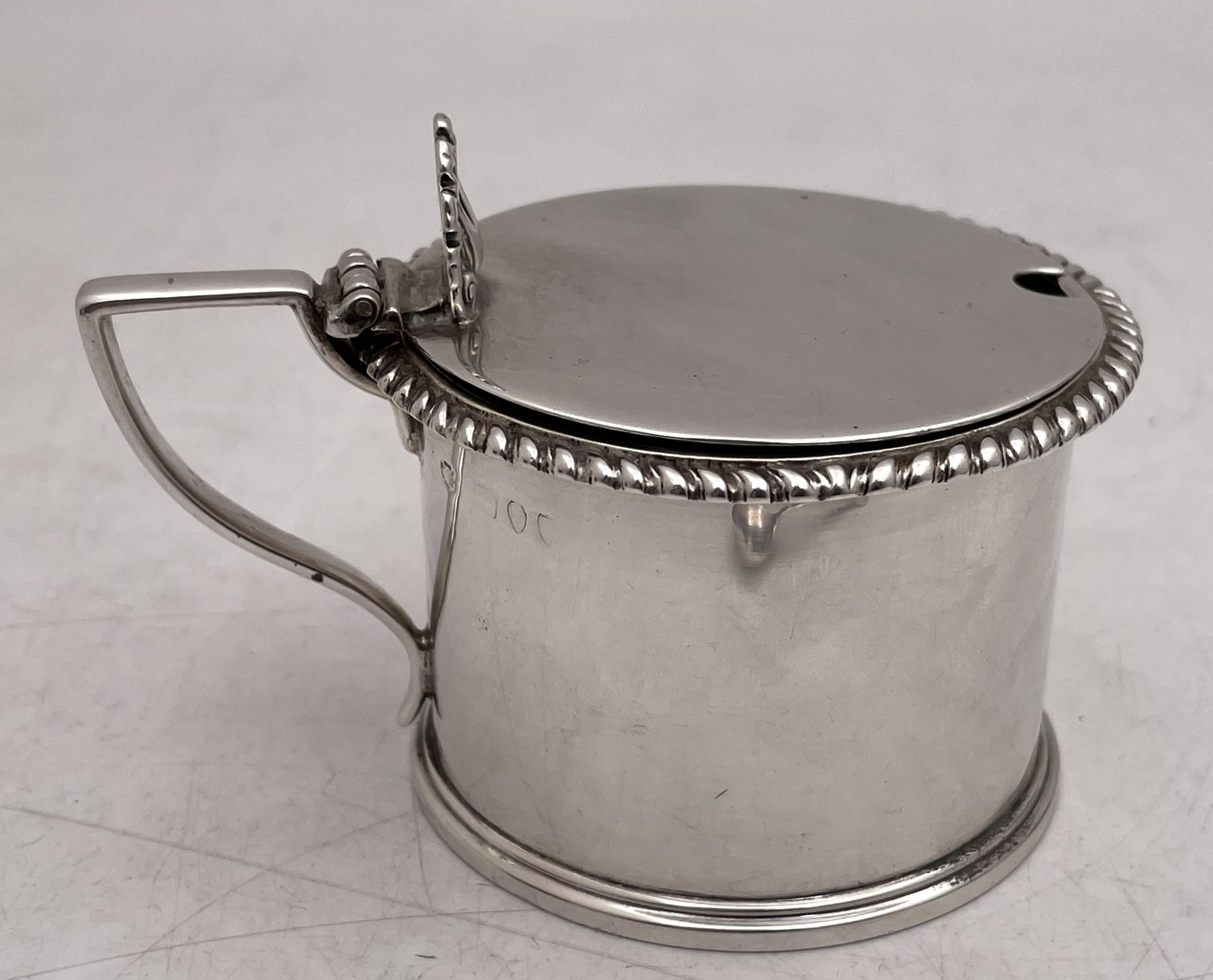 English Sterling Silver 1890 Victorian Mustard Pot with Glass Liner and Spoon For Sale 1
