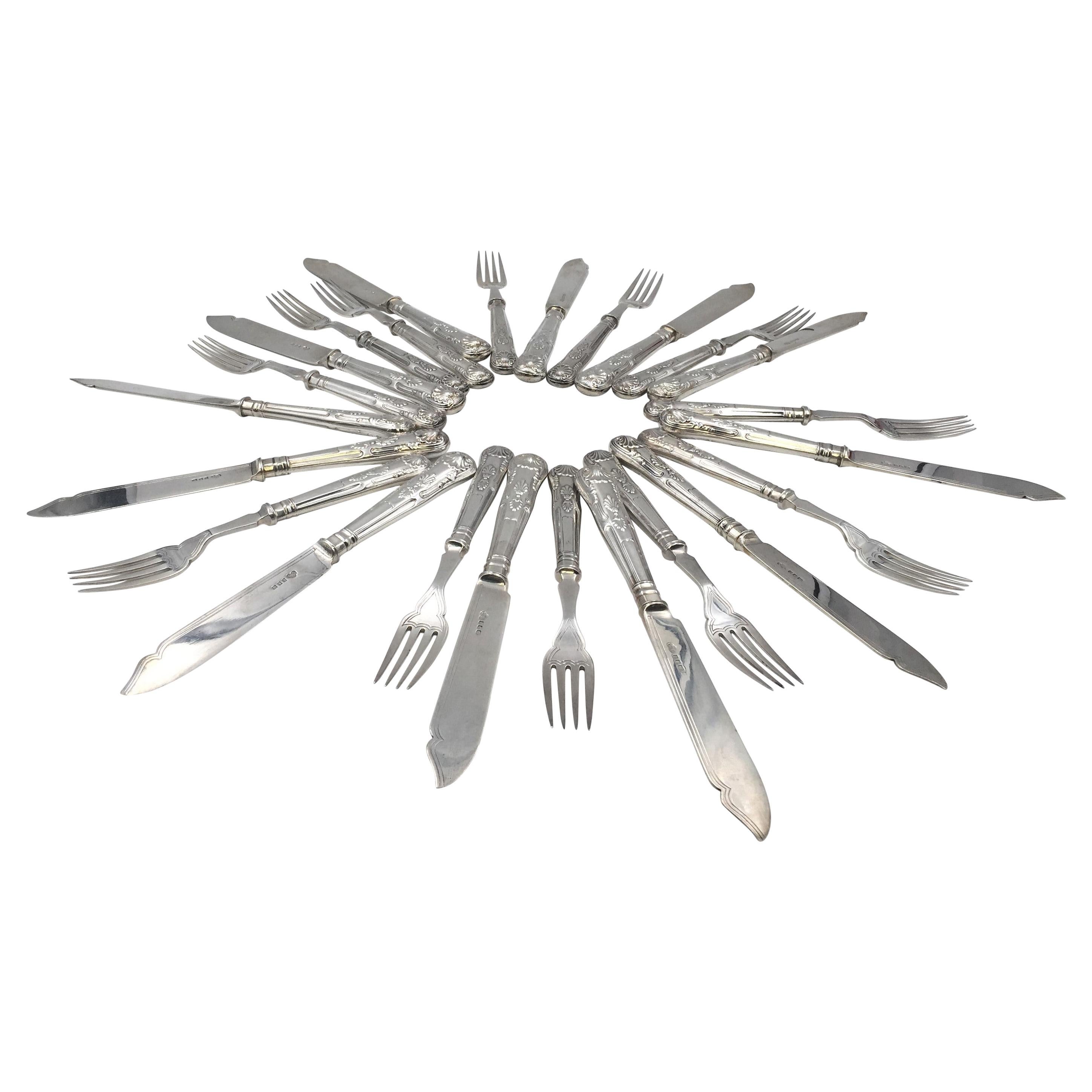 English Sterling Silver 24-Piece 1928 Fish Set Similar to Tiffany Kings Pattern For Sale