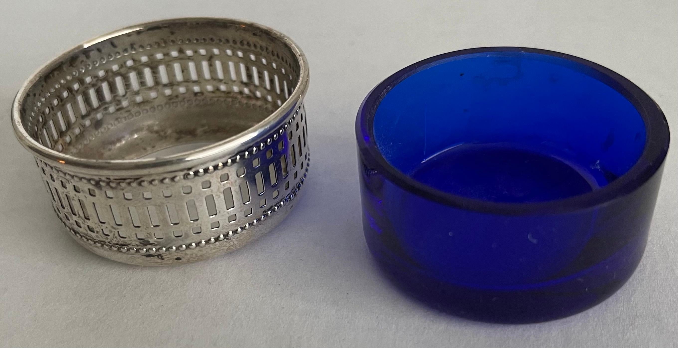 Mid-20th Century English Sterling Silver and Cobalt Glass Salt Cellars, Set of 8