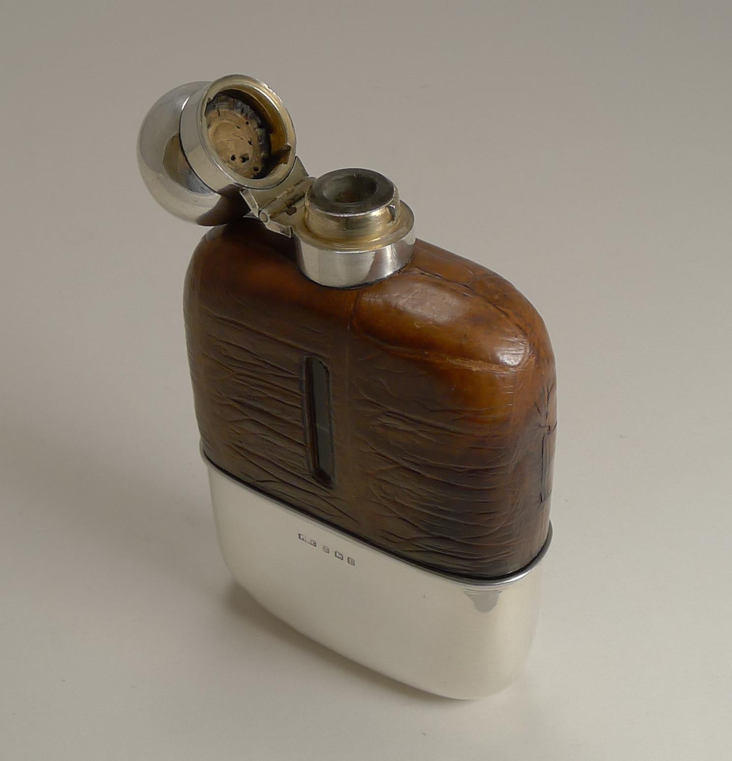 Early 20th Century English Sterling Silver and Crocodile Skin Hip Flask, 1929 For Sale