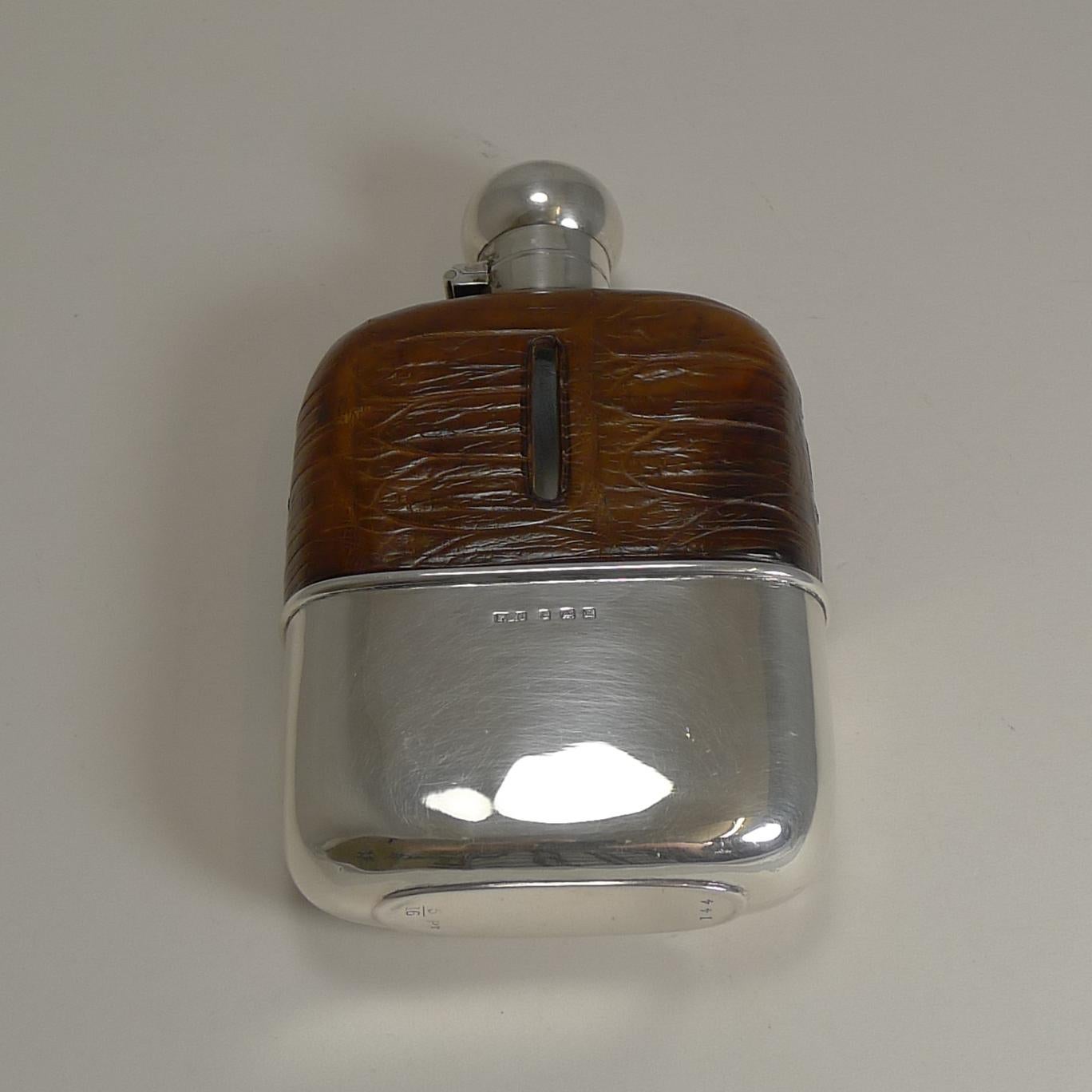 English Sterling Silver and Crocodile Skin Hip Flask, 1929 For Sale 2