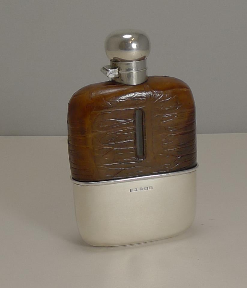 English Sterling Silver and Crocodile Skin Hip Flask, 1929 For Sale 1