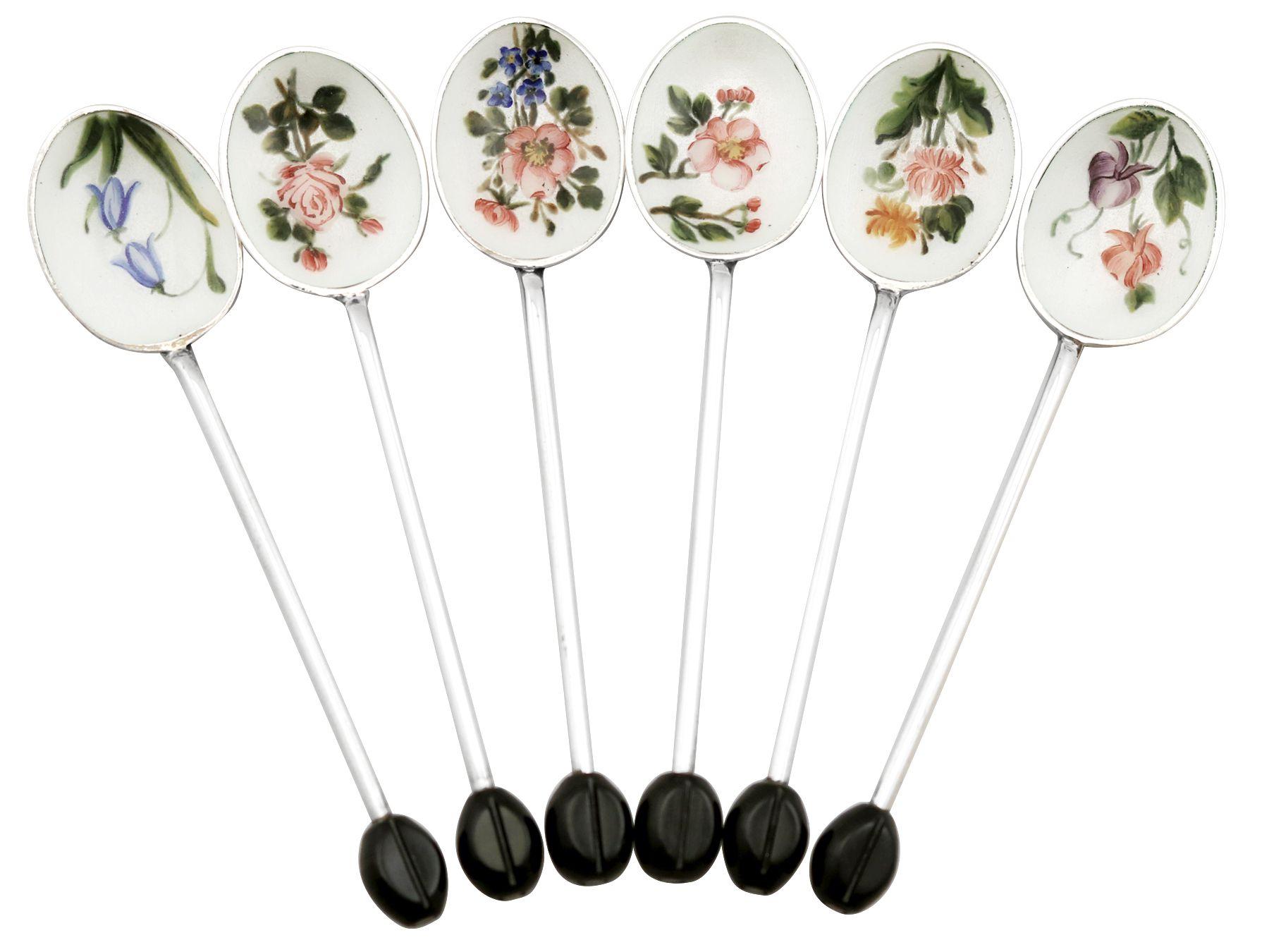 A fine and impressive set of six vintage Elizabeth II English sterling silver and enamel coffee bean spoons; an addition to our silver teaware collection

These fine vintage Elizabeth II English sterling silver and enamel coffee bean spoons have a
