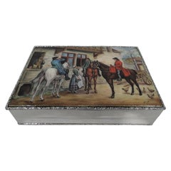 English Sterling Silver and Enamel Jewelry Box with Georgian Inn Scene