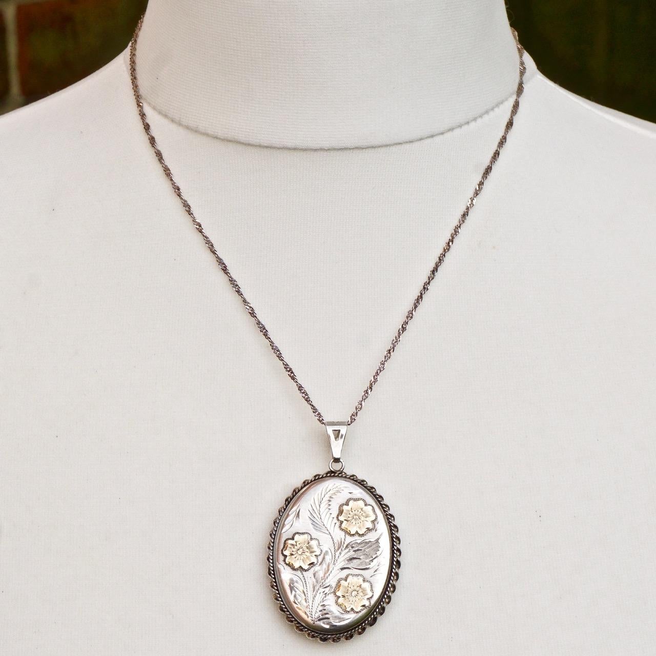 English Sterling Silver and Gold Engraved Floral Locket and Chain 1980s 9