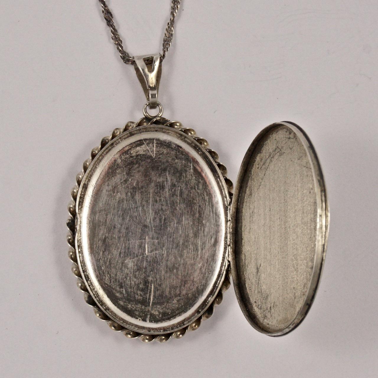 English Sterling Silver and Gold Engraved Floral Locket and Chain 1980s 2