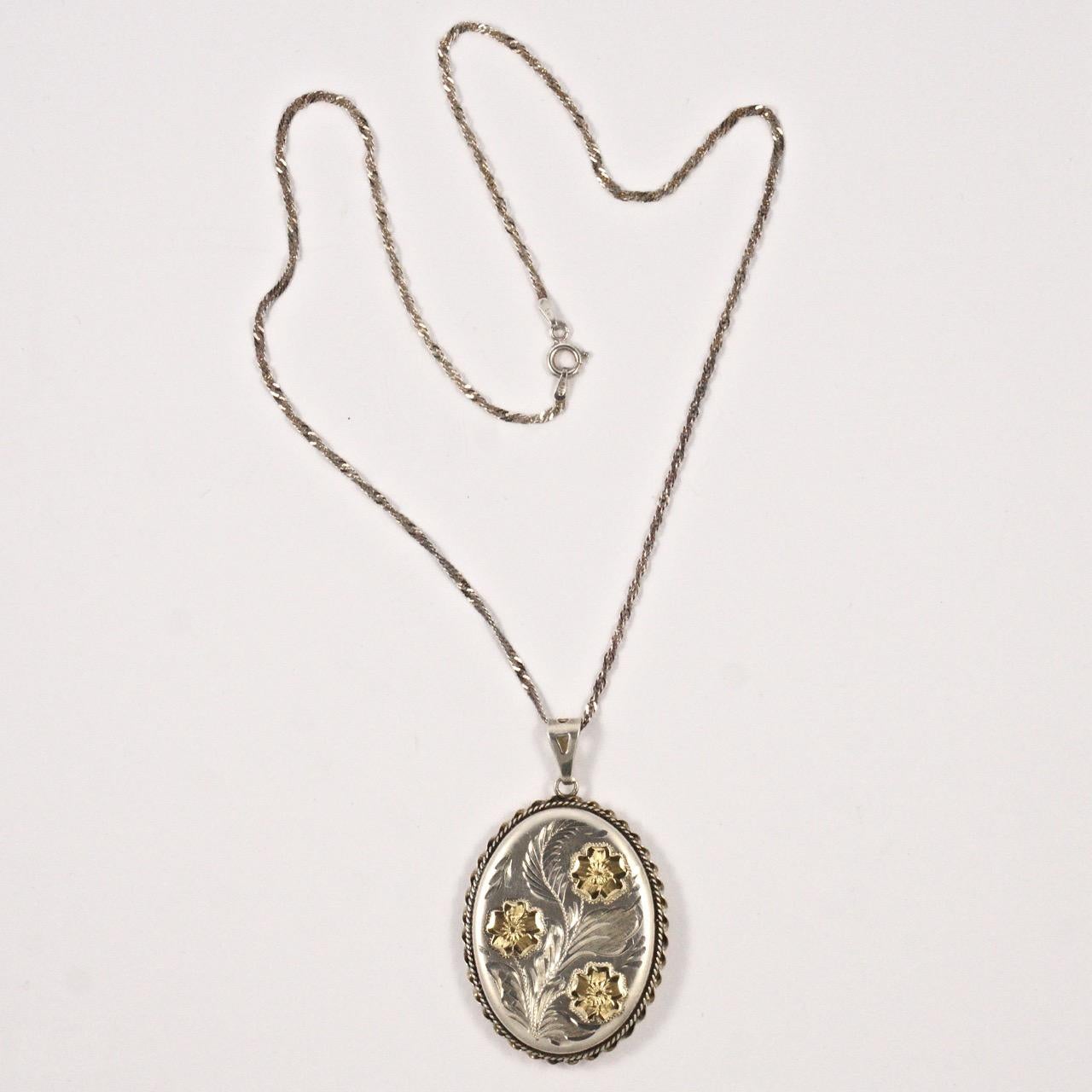 English Sterling Silver and Gold Engraved Floral Locket and Chain 1980s 4