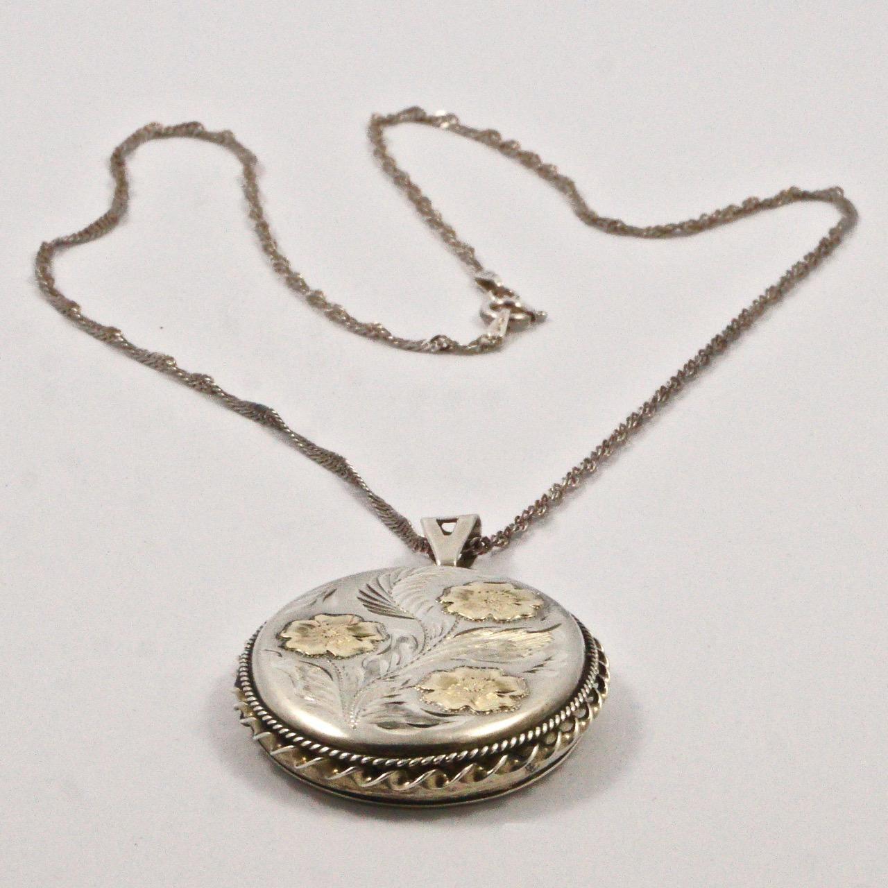 English Sterling Silver and Gold Engraved Floral Locket and Chain 1980s 5