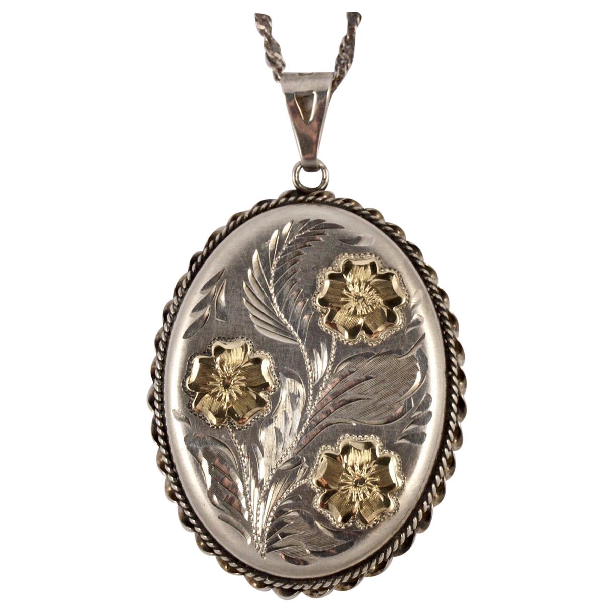English Sterling Silver and Gold Engraved Floral Locket and Chain 1980s