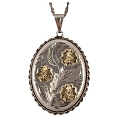 Retro English Sterling Silver and Gold Engraved Floral Locket and Chain 1980s