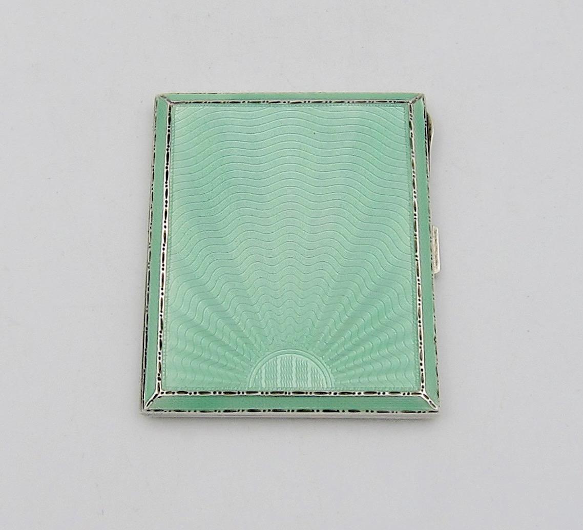 British English Sterling Silver and Green Guilloche Enamel Art Deco Cigarette Case