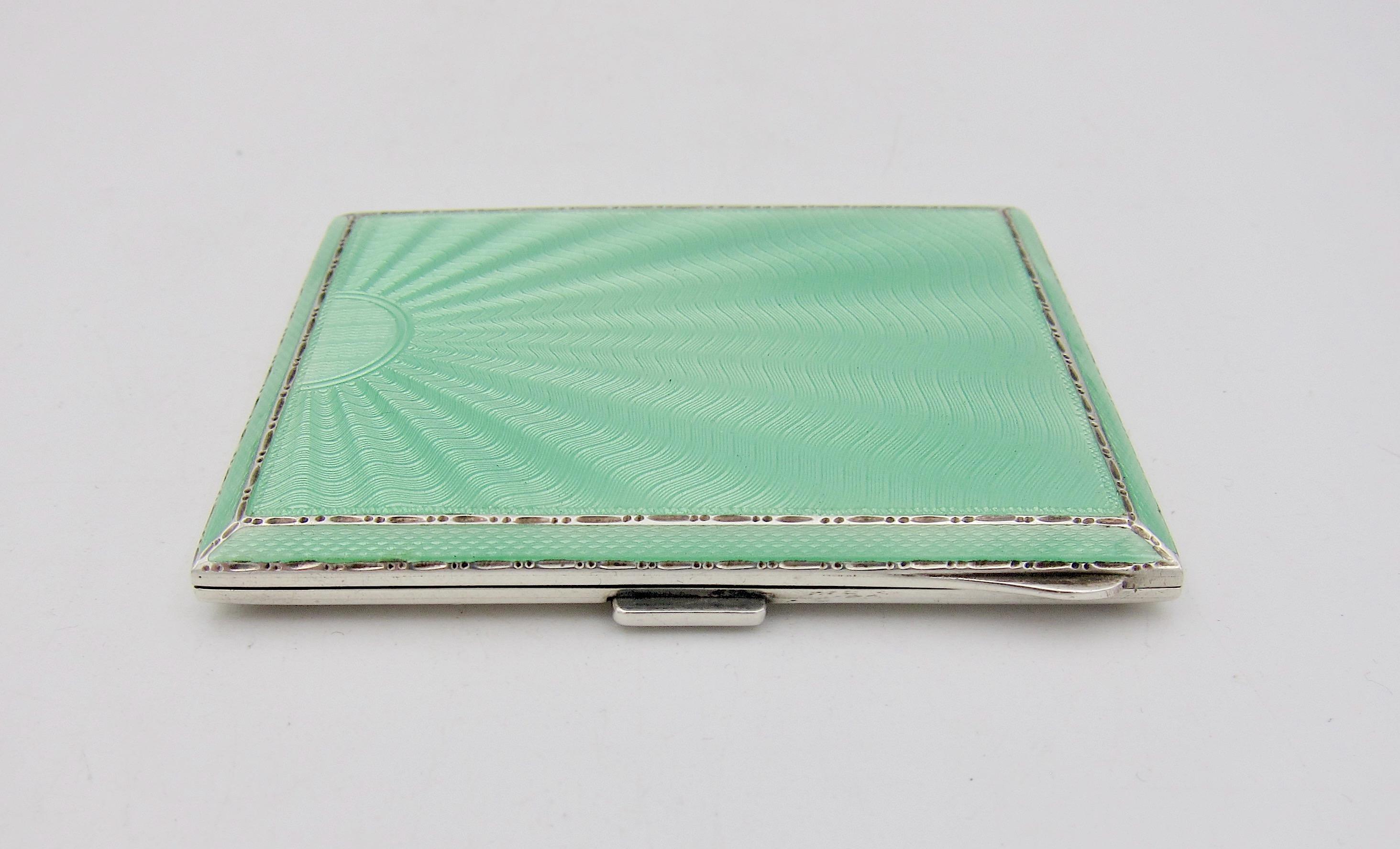 Enameled English Sterling Silver and Green Guilloche Enamel Art Deco Cigarette Case