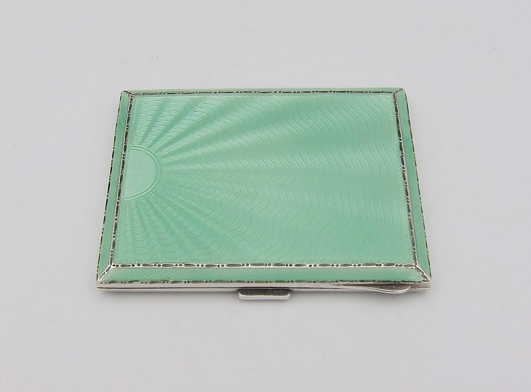 English Sterling Silver and Green Guilloche Enamel Art Deco Cigarette Case In Good Condition In Los Angeles, CA