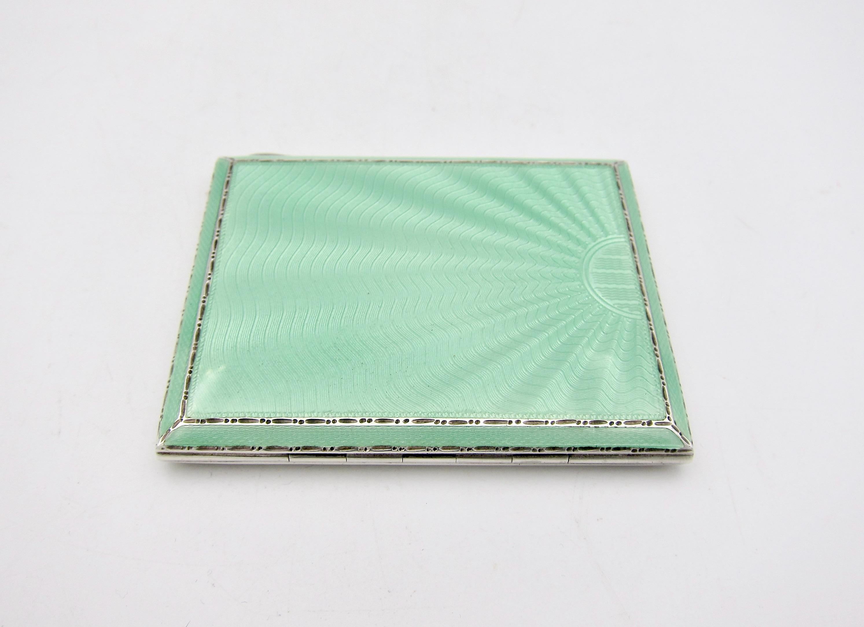 Mid-20th Century English Sterling Silver and Green Guilloche Enamel Art Deco Cigarette Case