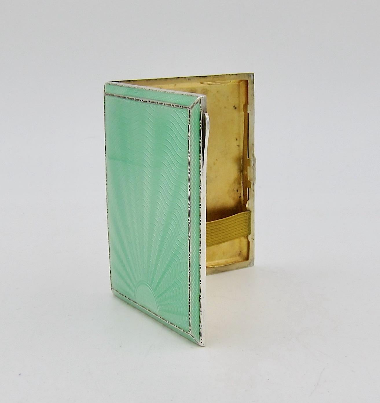 English Sterling Silver and Green Guilloche Enamel Art Deco Cigarette Case 1