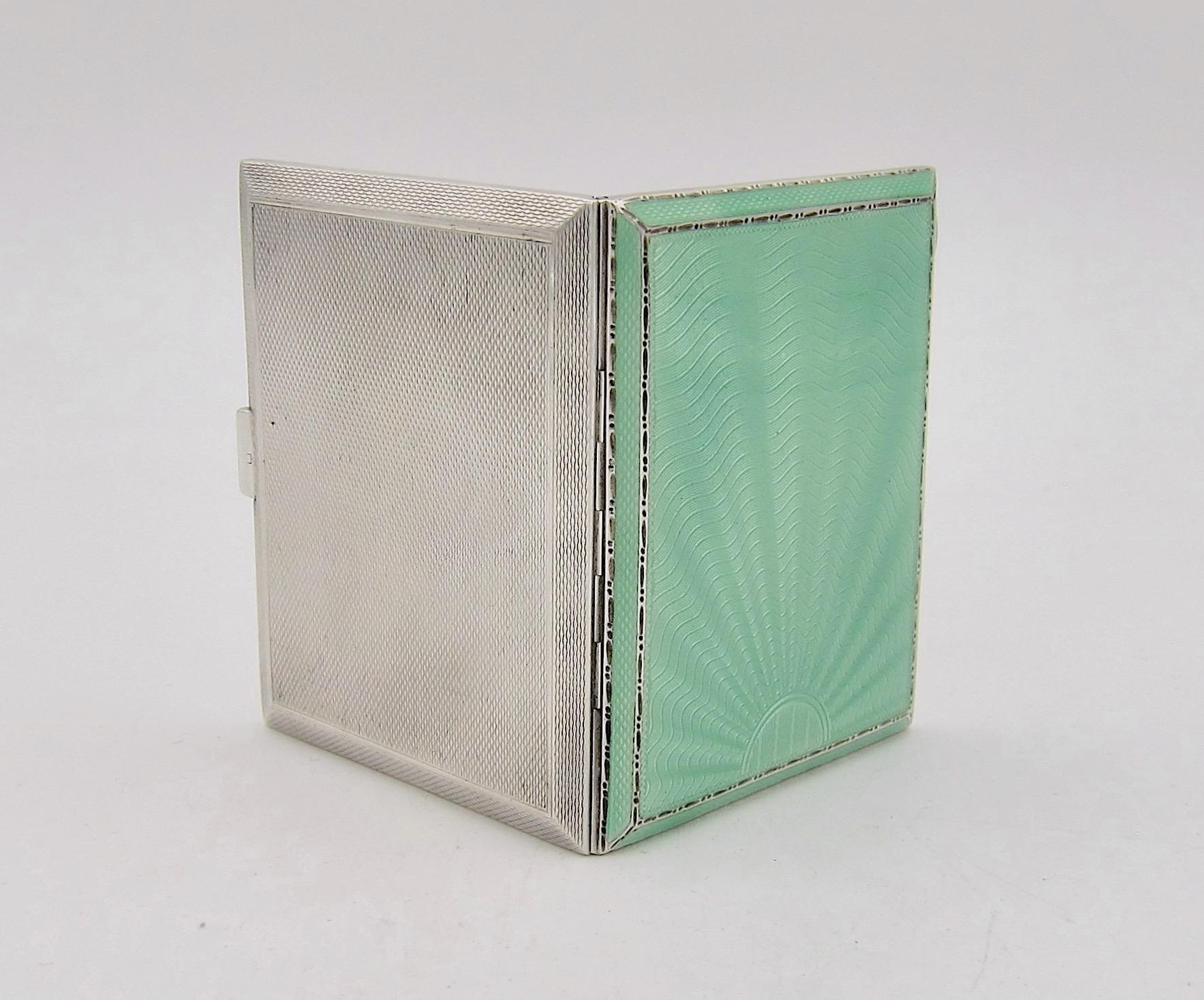 English Sterling Silver and Green Guilloche Enamel Art Deco Cigarette Case 2