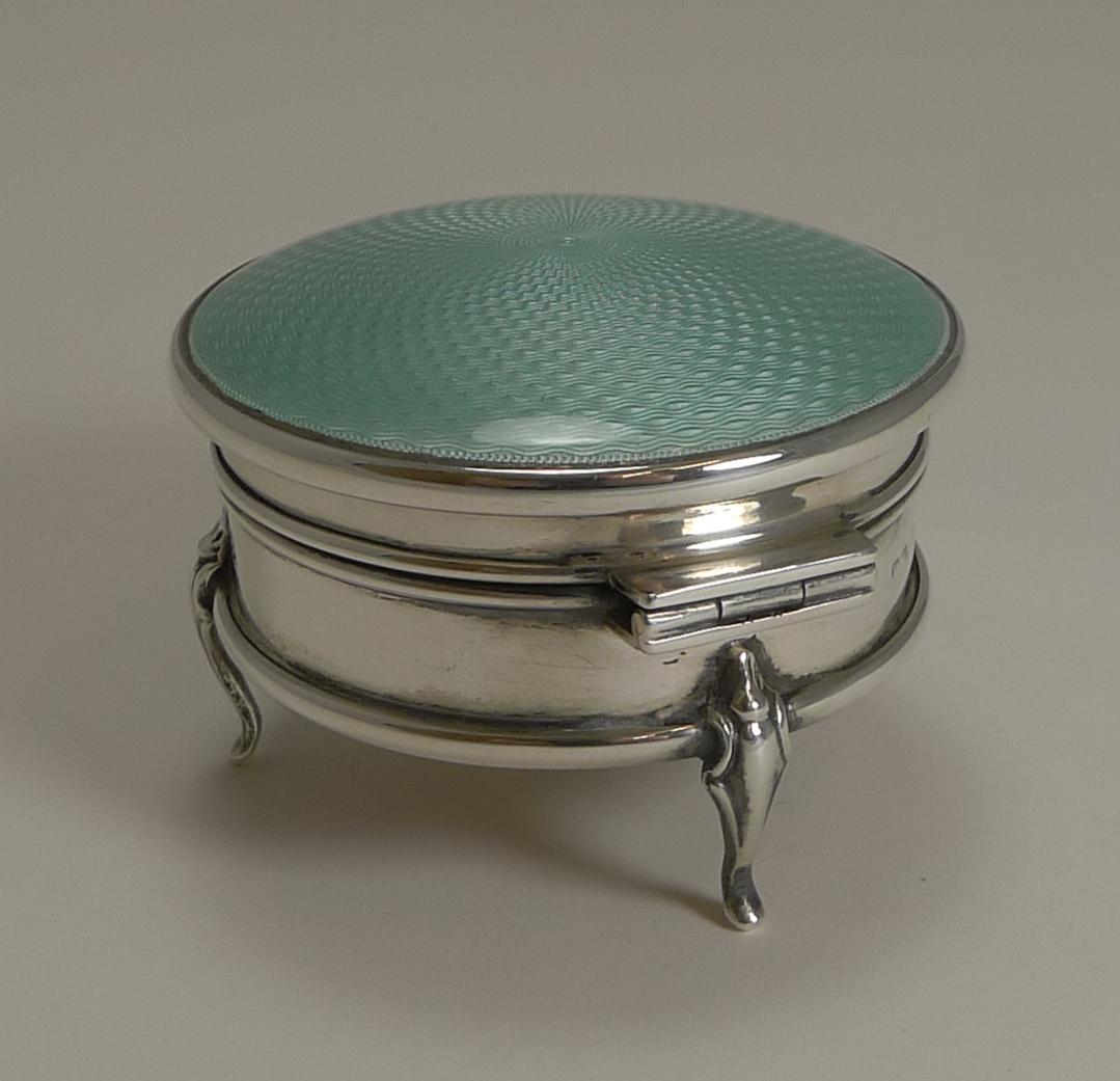 Art Deco English Sterling Silver and Guilloche Enamel Jewelry / Ring Box