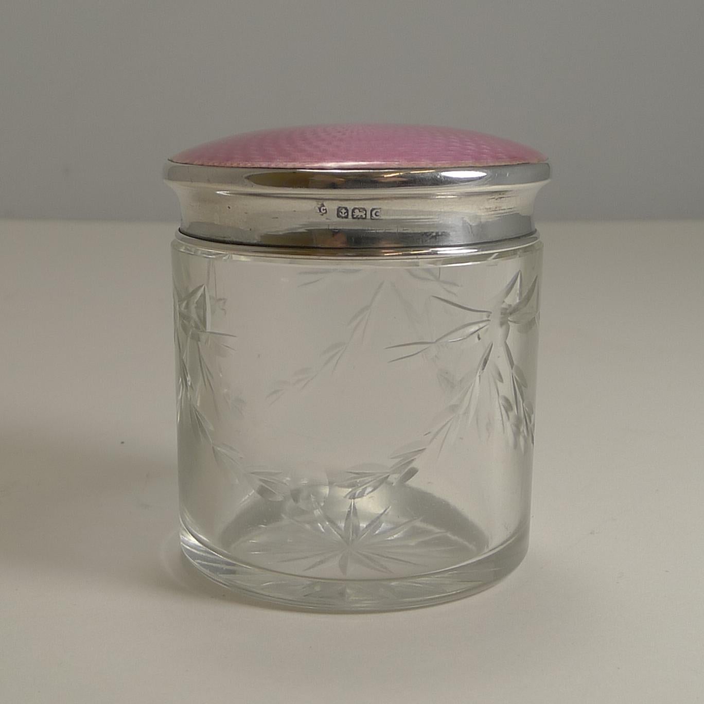 Early 20th Century English Sterling Silver and Pink Guilloche Enamel Lidded Jar, 1927