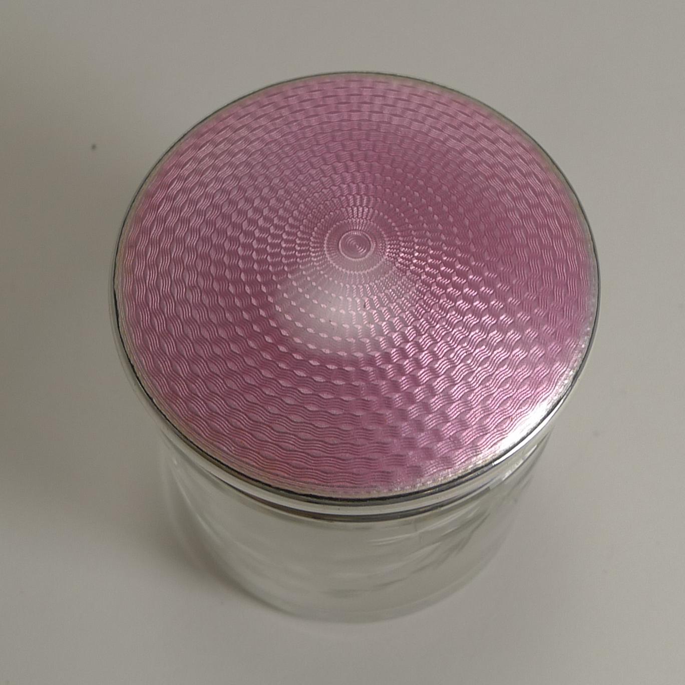 English Sterling Silver and Pink Guilloche Enamel Lidded Jar, 1927 1