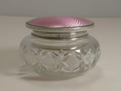 English Sterling Silver and Pink Guilloche Enamel Lidded Powder Box, 1934