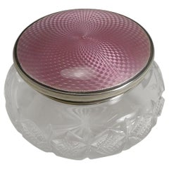 English Sterling Silver and Pink Guilloche Enamel Lidded Powder Box, 1934