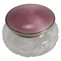 English Sterling Silver and Pink Guilloche Enamel Lidded Powder Box, 1934