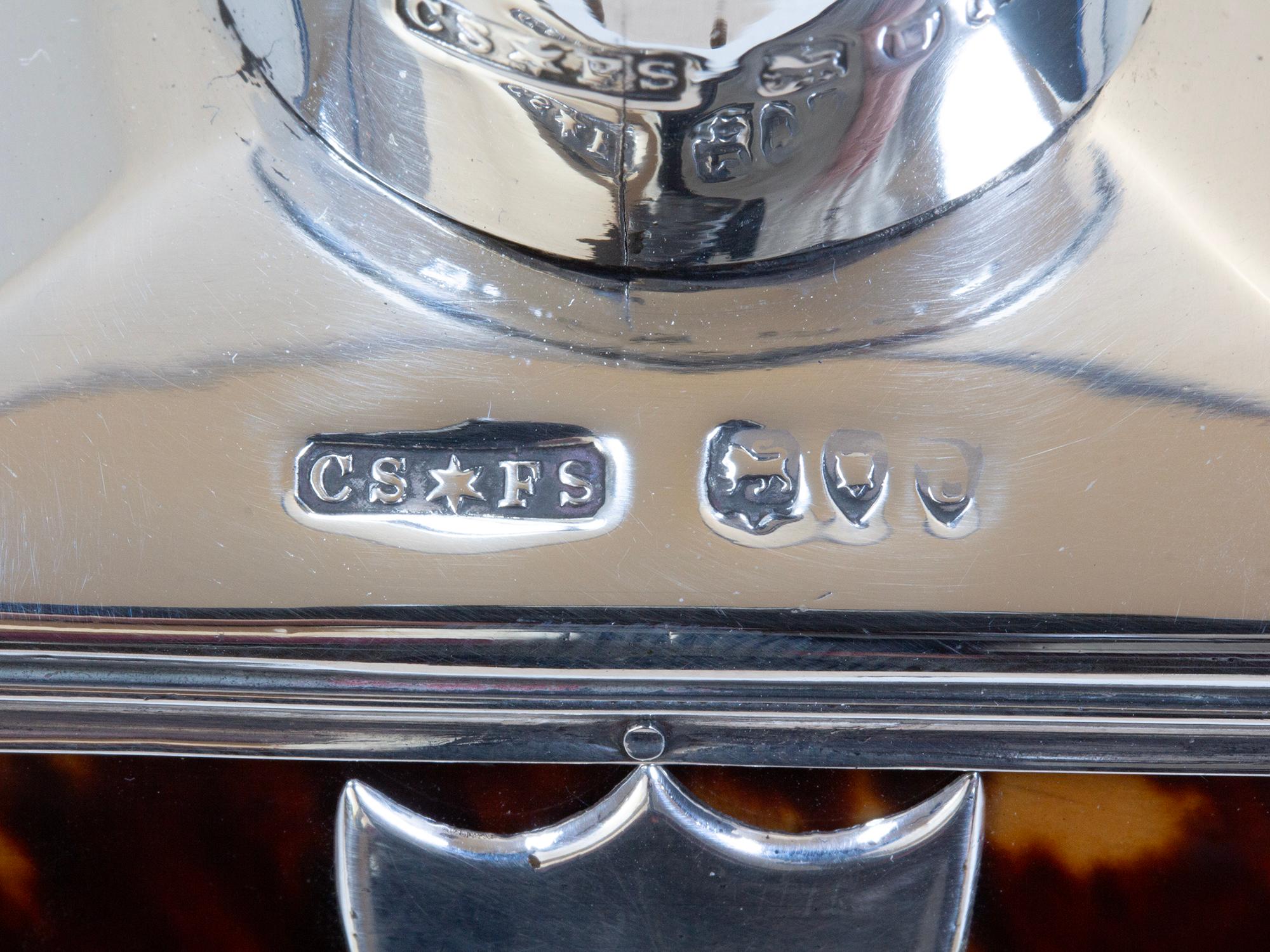 Englische Teedose aus Sterlingsilber und Schildpatt von Saunders & Shepherd im Angebot 1