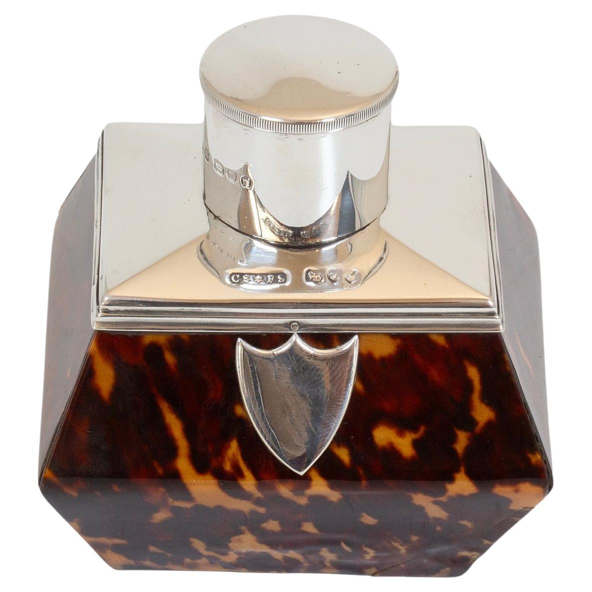 English Sterling Silver and Tortoiseshell Tea Caddy by Saunders and Shepherd