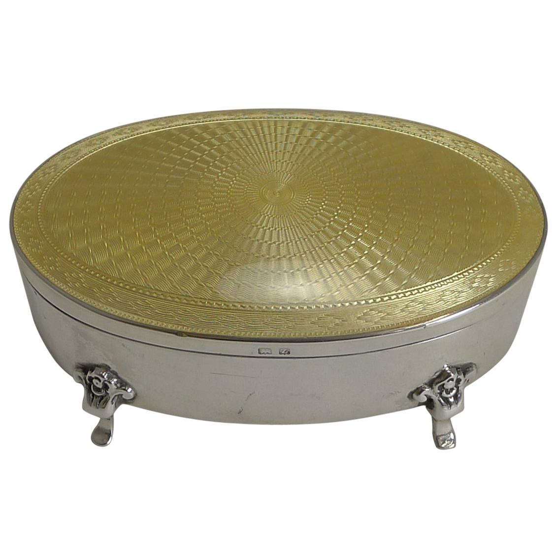 English Sterling Silver and Yellow Guilloche Enamel Jewelry / Ring Box - 1924