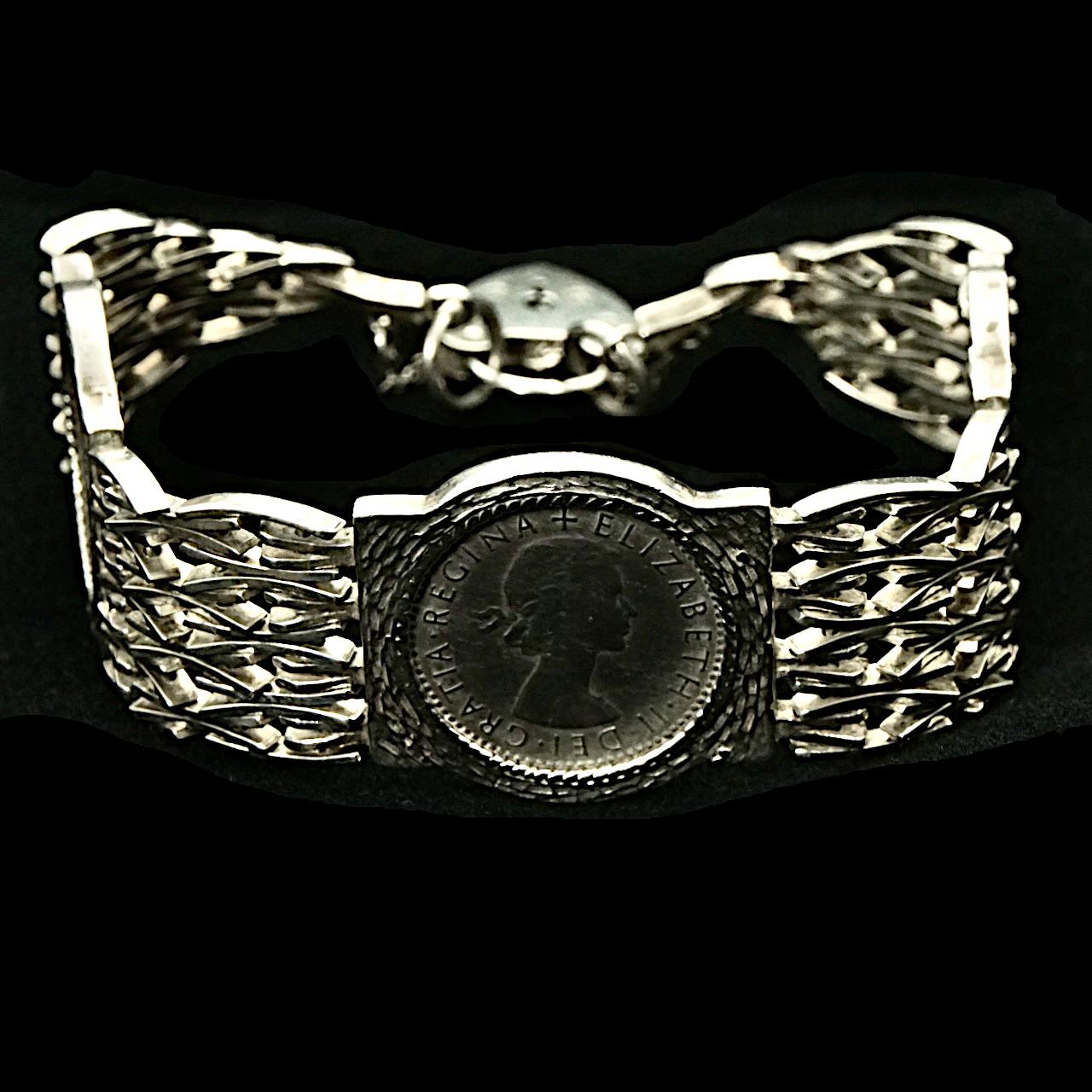 English Sterling Silver Bar Gate Link Sixpence Coin Bracelet 1970s For Sale 6