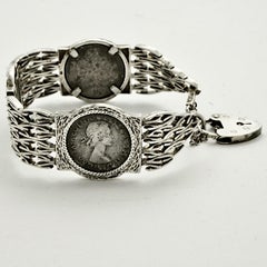 English Sterling Silver Bar Gate Link Sixpence Coin Bracelet 1970s