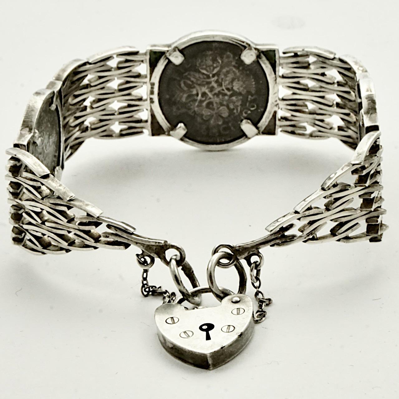 English Sterling Silver Bar Gate Link Sixpence Coin Bracelet 1970s In Good Condition For Sale In London, GB