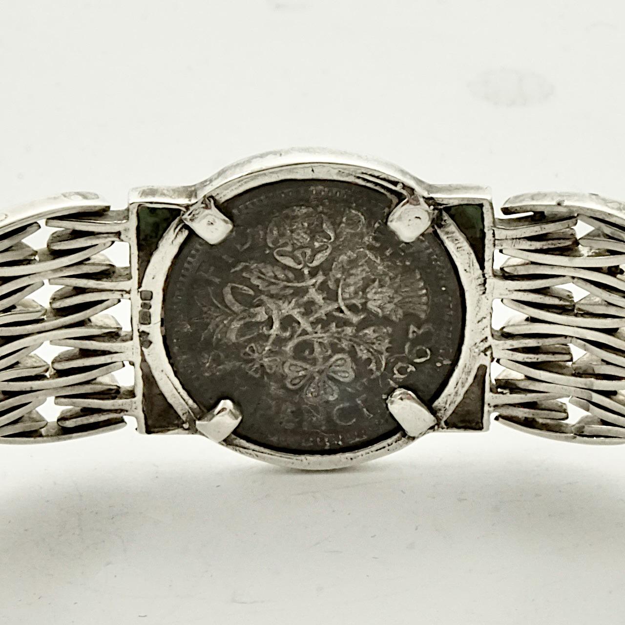 Women's or Men's English Sterling Silver Bar Gate Link Sixpence Coin Bracelet 1970s