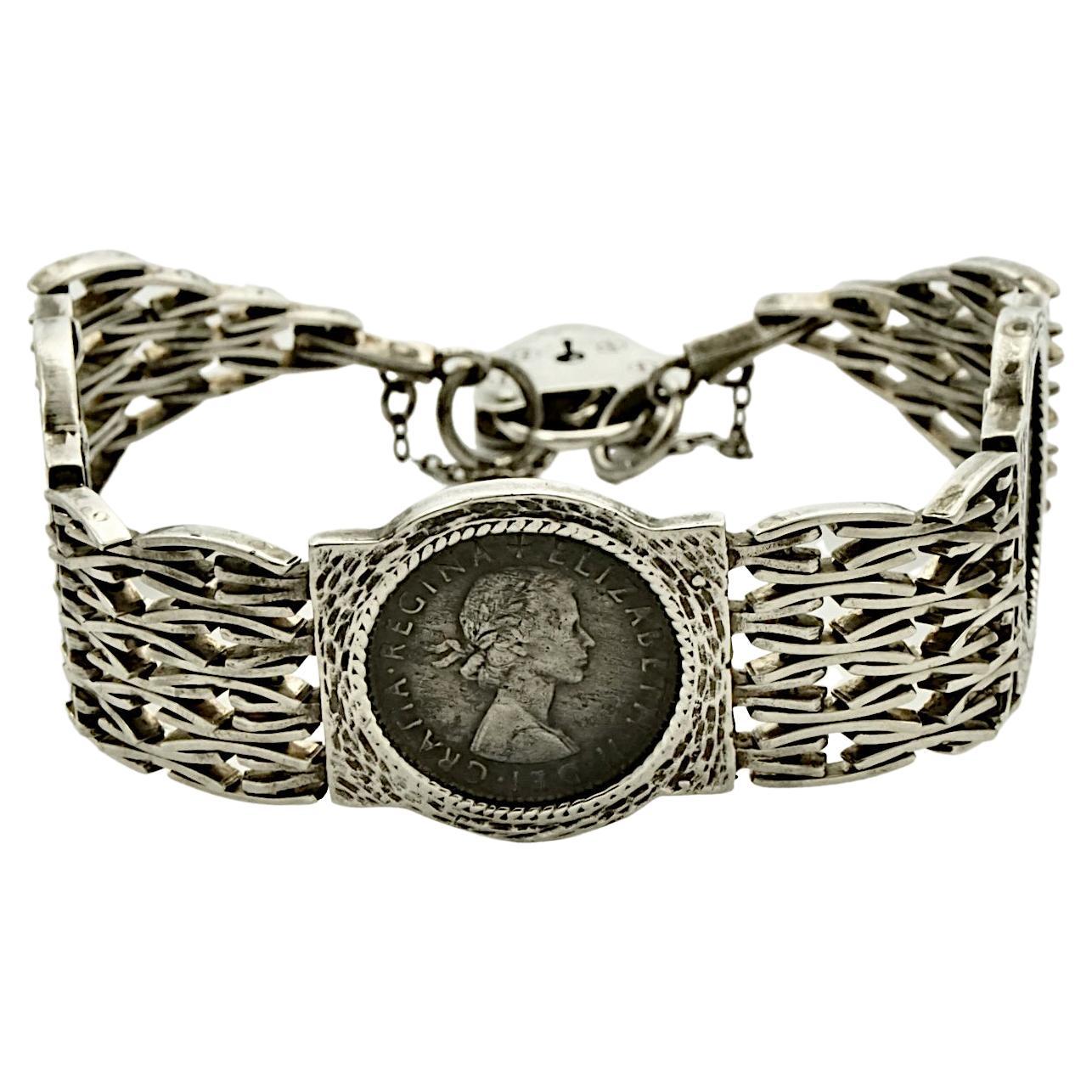 English Sterling Silver Bar Gate Link Sixpence Coin Bracelet 1970s For Sale