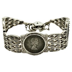 Retro English Sterling Silver Bar Gate Link Sixpence Coin Bracelet 1970s