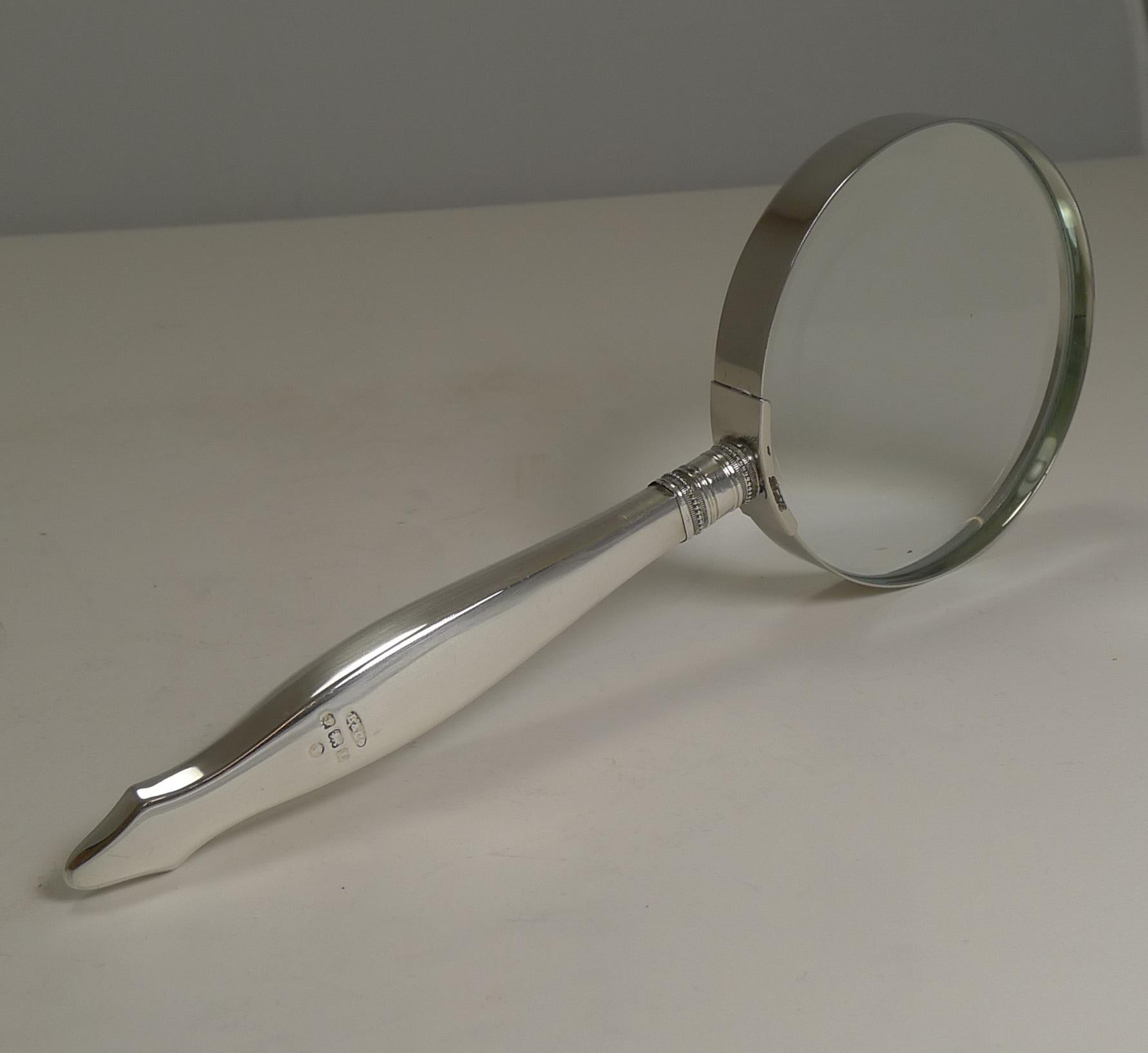 Art Deco English Sterling Silver and Blue Guilloche Enamel Handled Magnifying Glass, 1935