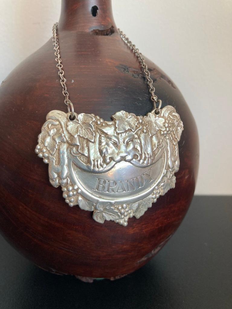 Baroque English Sterling Silver Brandy Carafe Label with Chain For Sale