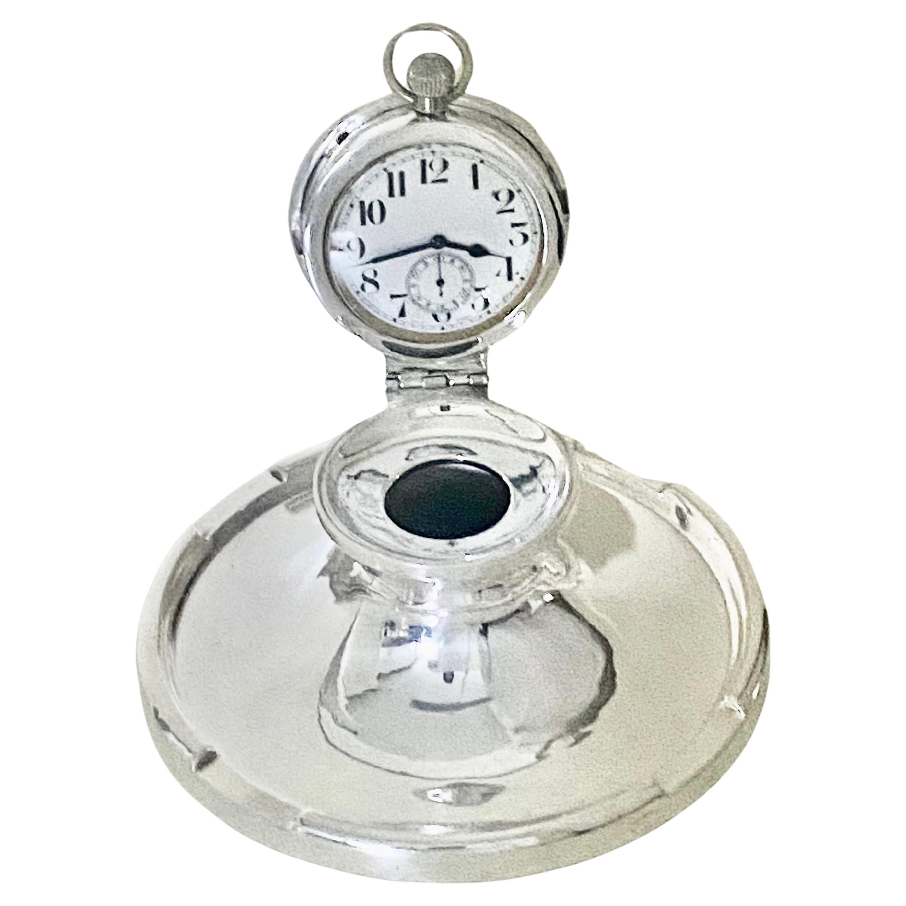 English Sterling Silver Capstan Inkwell With Pocket Watch - Edwardian For Sale 7