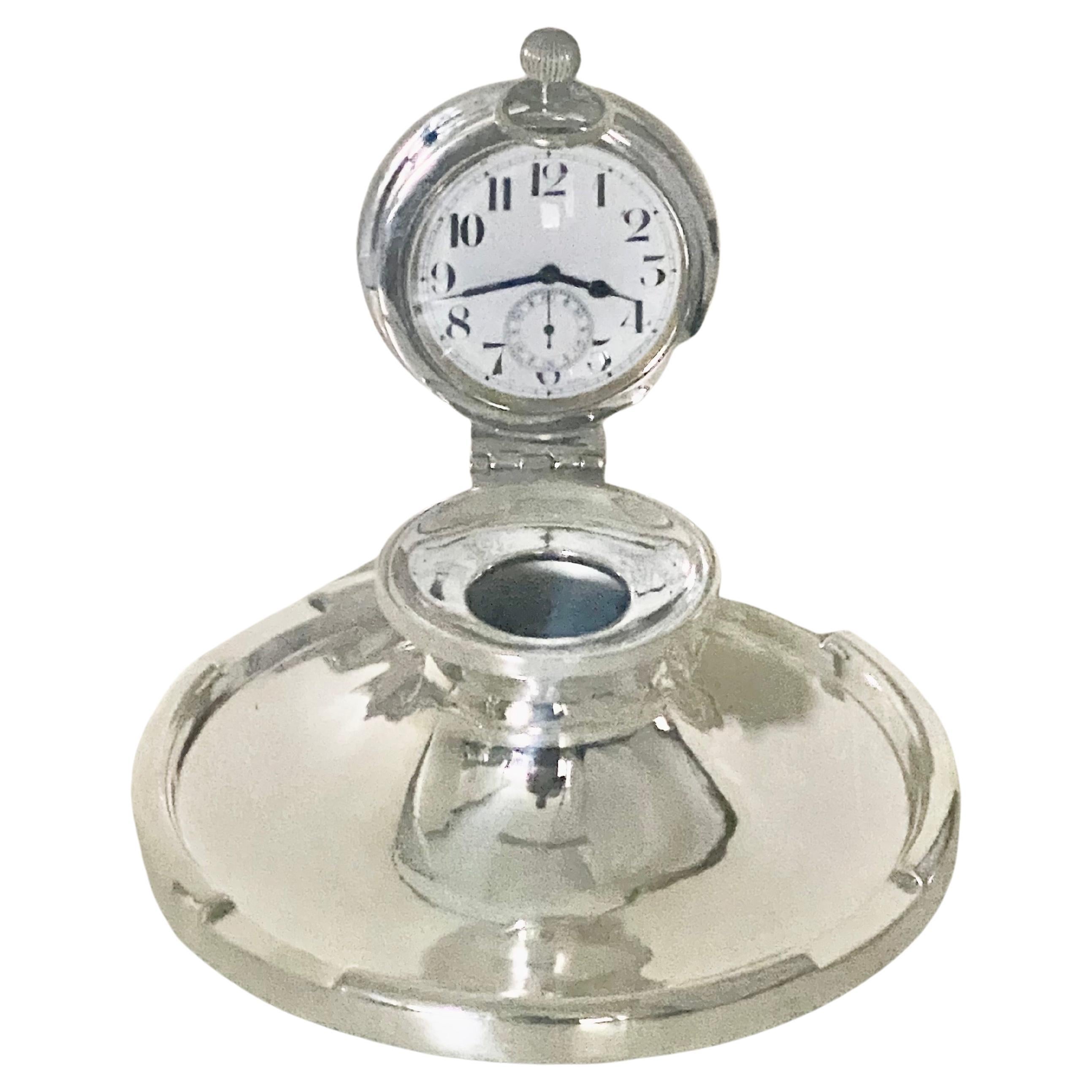 British English Sterling Silver Capstan Inkwell With Pocket Watch - Edwardian For Sale