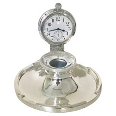 English Sterling Silver Capstan Inkwell With Pocket Watch - Edwardian