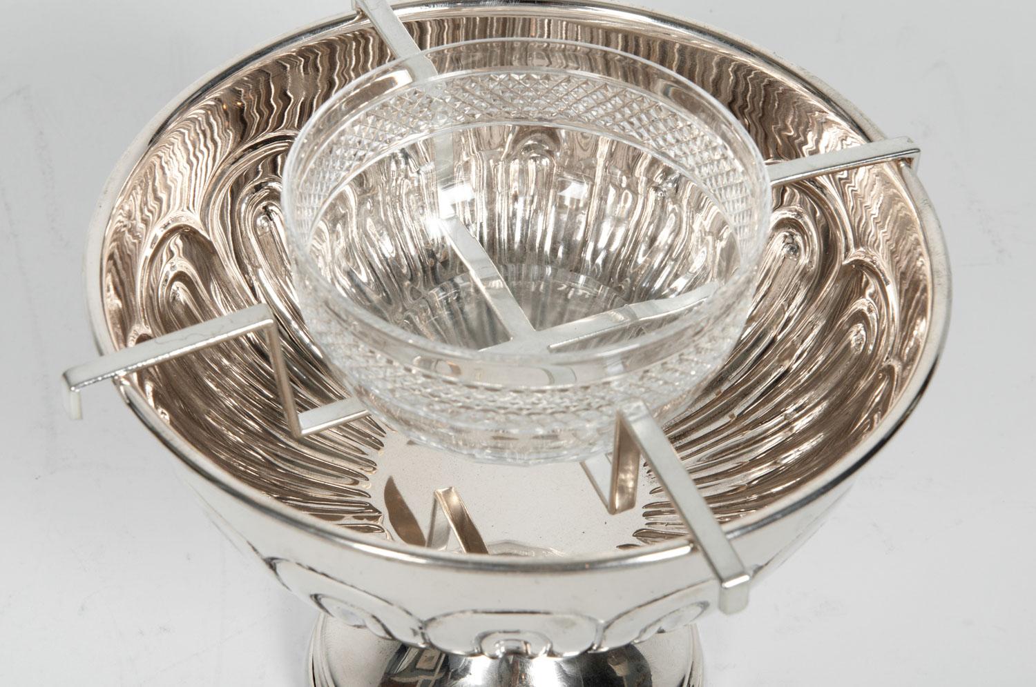 English sterling silver caviar dish service set. Each piece is in excellent condition, maker's mark undersigned. The weighted sterling bowl measure about 6 inches high x 8 inches diameter. The crystal Caviar container is 4.4 inches diameter x 2