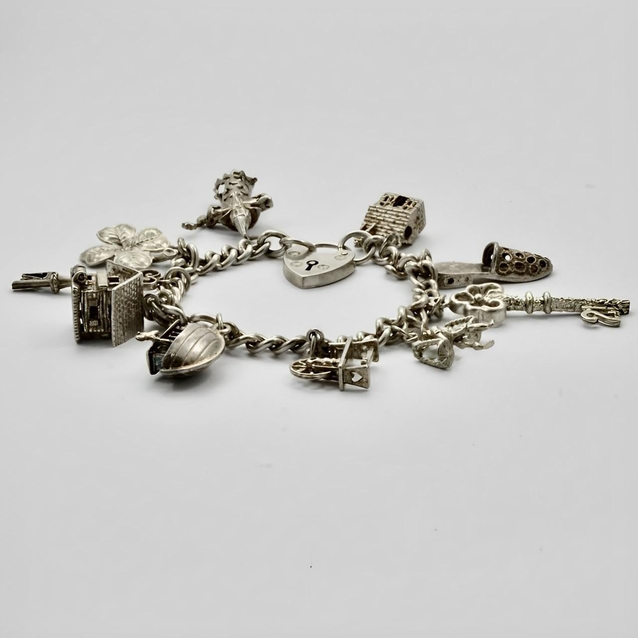 English Sterling Silver Charm Bracelet 1970s For Sale 1