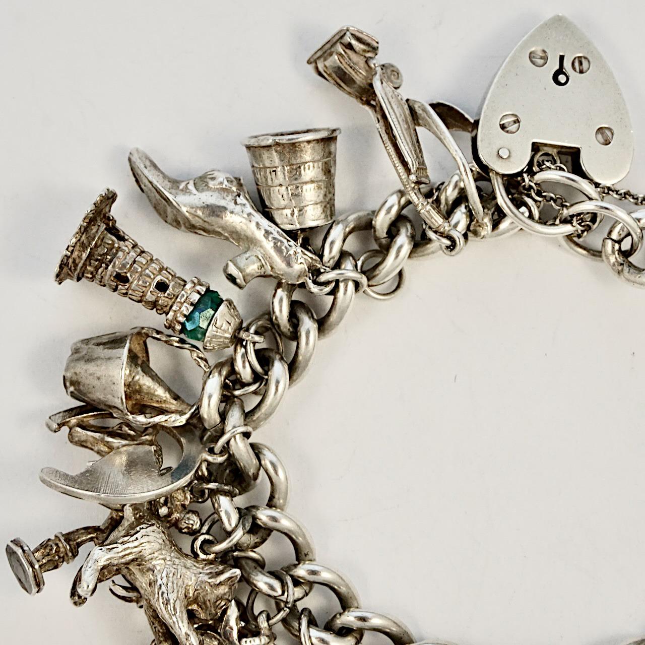English Sterling Silver Charm Bracelet with Heart Lock 1960s In Good Condition In London, GB