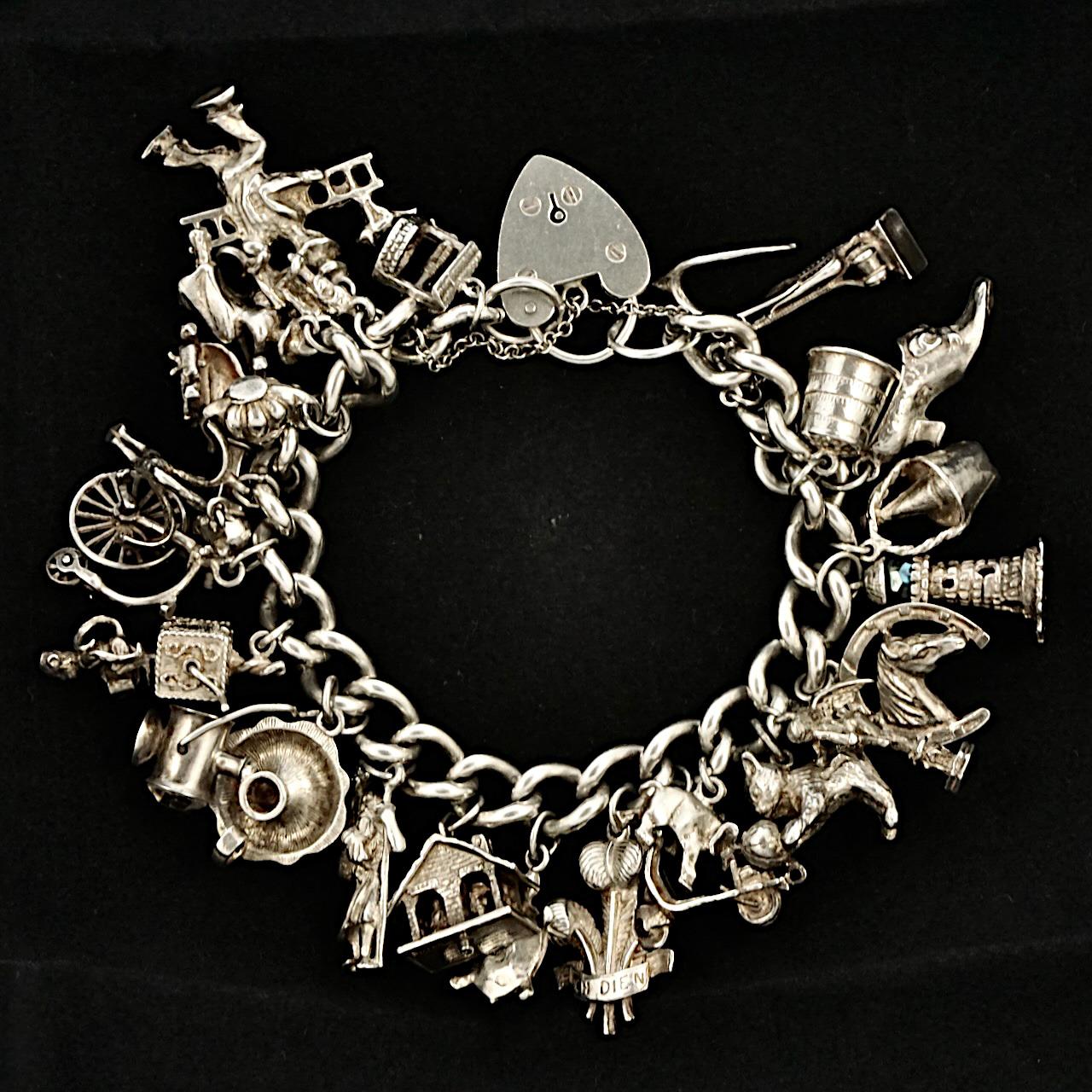 Women's or Men's English Sterling Silver Charm Bracelet with Heart Lock 1960s
